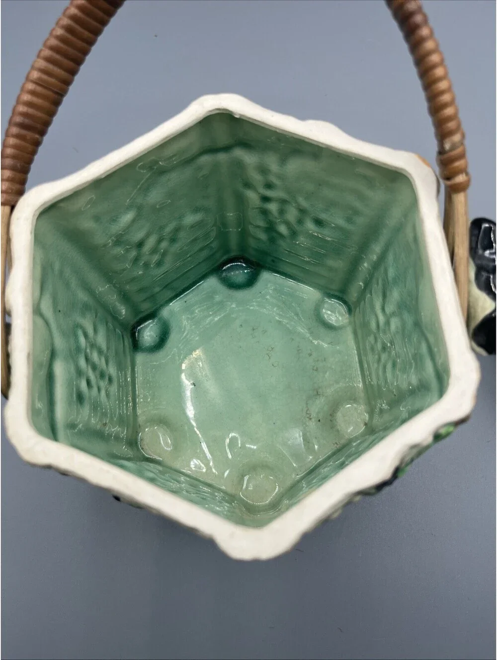 Vintage Japan Majolica Biscuit Cookie Jar Grape Vine Basket Handle Ceramic Lid